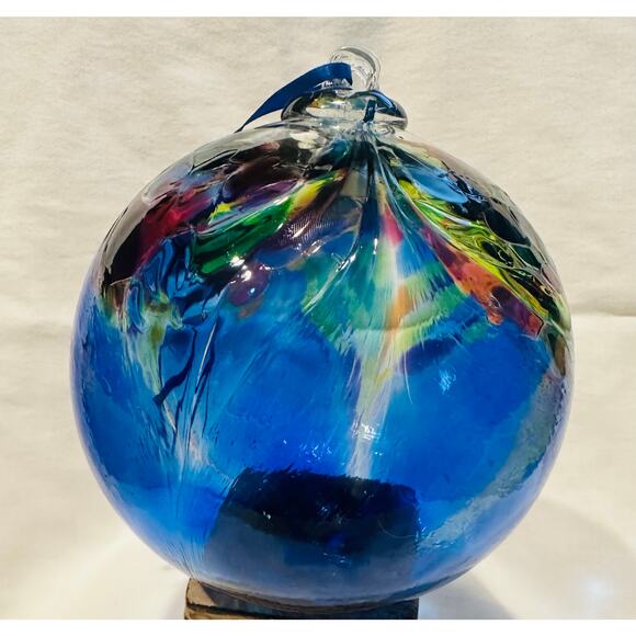 Glass Art Studio Hand Blown  Blue, Yellow, Purple, Green Ornament Size 7”x7” - Picture 10 of 10